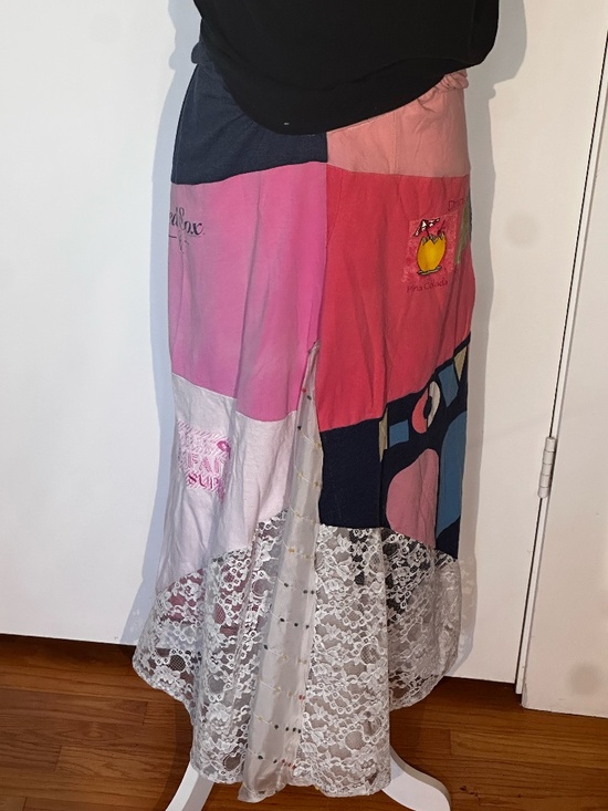 Roxy Mc Dresses & Skirts - "Pretty In Pink" ~ Upcycled T-Shirt, Linen and Lace themed skirt